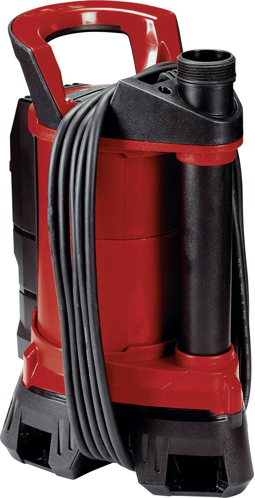 Eine rote und schwarze Tauchpumpe mit Tragegriff und aufgewickeltem Kabel.