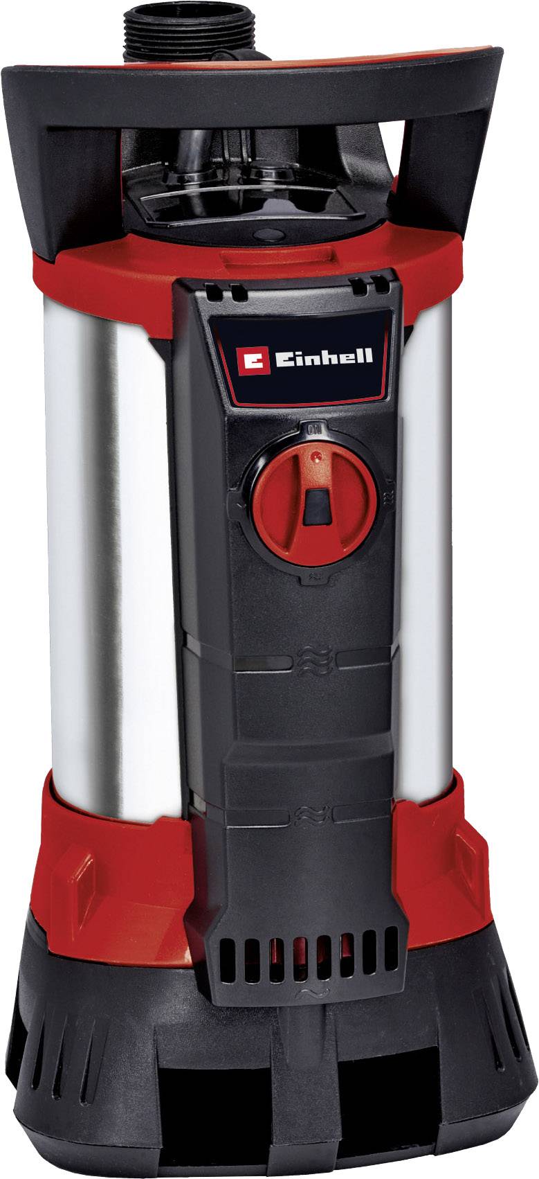 Elektrische Wasserpumpe in Schwarz und Rot, mit Einhell-Logo, zur Förderung von Wasser in Haus und Garten, vertikales Design.