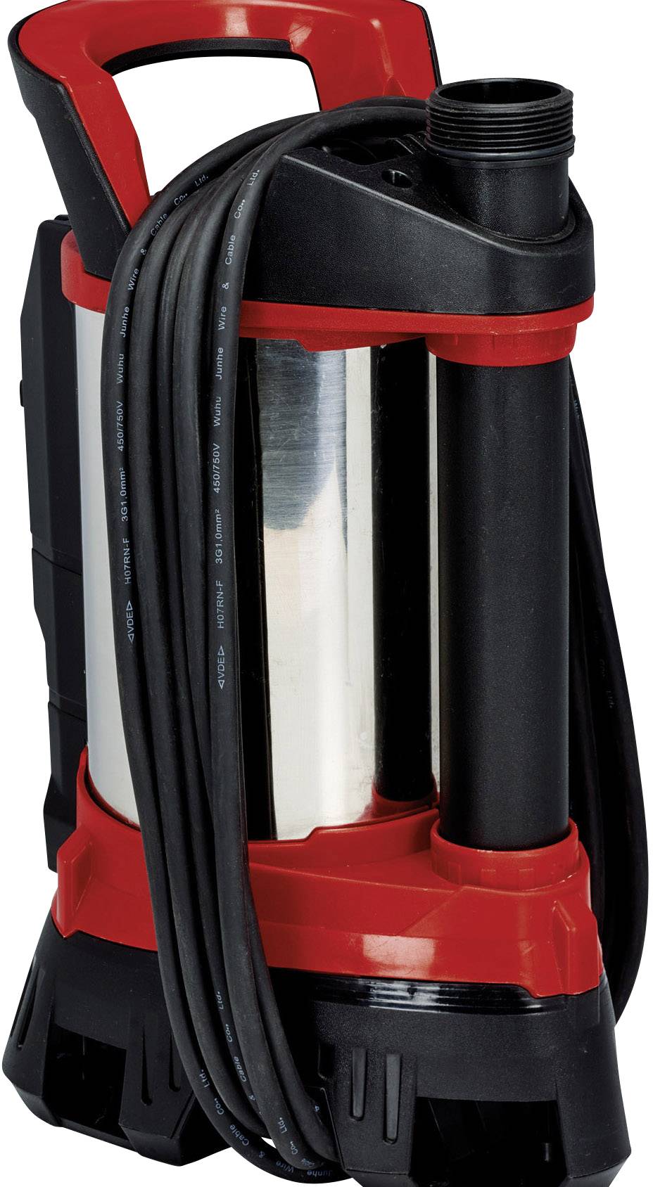 Tauchpumpe mit rotem Griff und schwarzem Kabel, geeignet für Wasserförderung und Entwässerung.