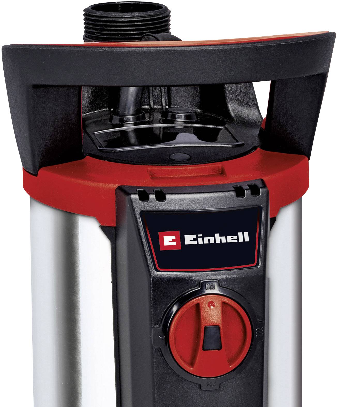 'Einhell' Wasserpumpe mit rotem Griff und schwarzer Steuerung, geeignet für Hauswasserwerke.
