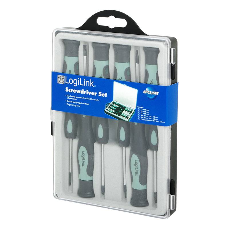 Satz Schraubendreher von LogiLink in einer transparenten Verpackung. Enthält sechs Schraubendreher mit grün-schwarzen Griffen.
