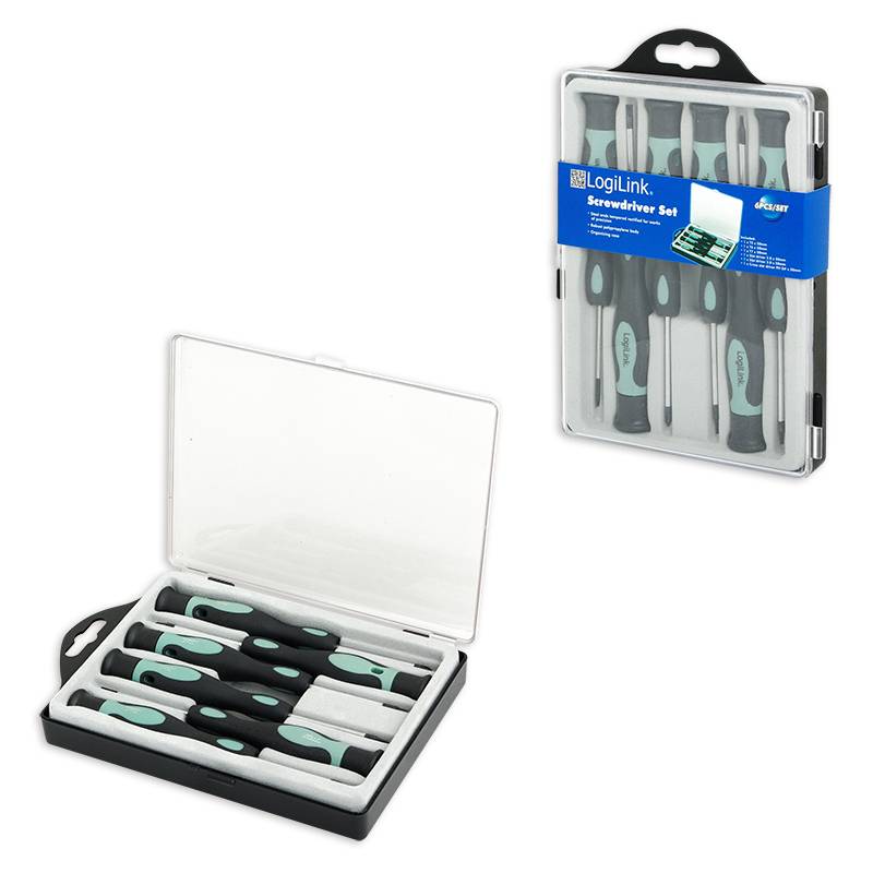 Ein Set von Schraubendrehern mit schwarzen Griffen und türkisen Details, präsentiert in einer offenen und einer geschlossenen Verpackung.