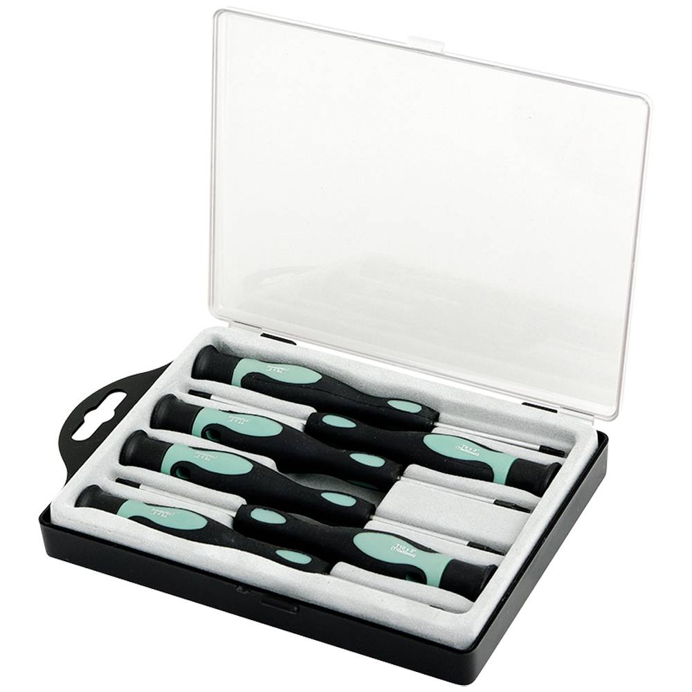 Ein Set von sechs Schraubendrehern in einer offenen, durchsichtigen Plastikbox. Die Schraubendreher haben schwarze Griffe mit grünen Details.