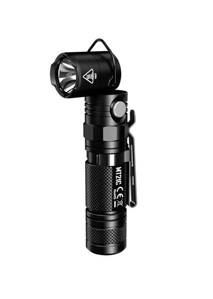 Schwarze Taschenlampe mit Drehkopf und Clip, kompakt und tragbar, geeignet für Outdoor-Aktivitäten oder Notfälle.