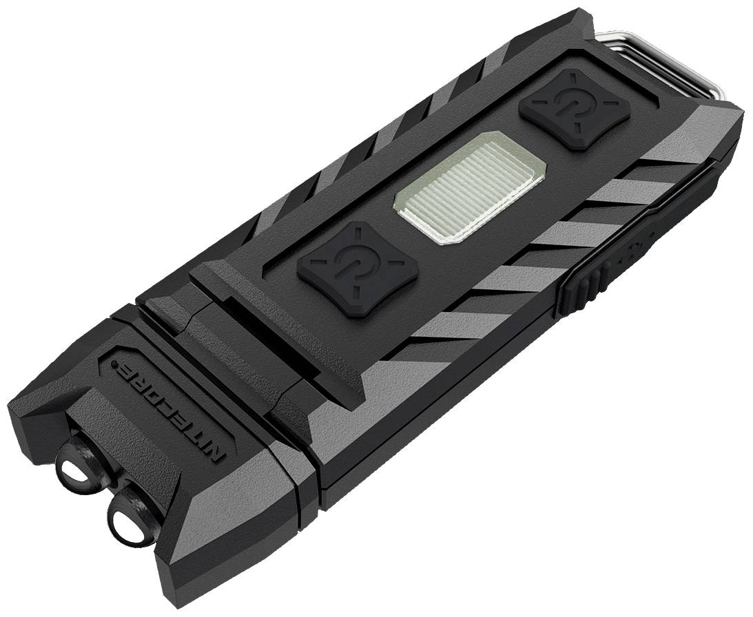 Schwarze Taschenlampe mit rechteckigem Körper, zwei Linsen an einem Ende und strukturierten Tasten mit Symbollöchern auf der Oberfläche.