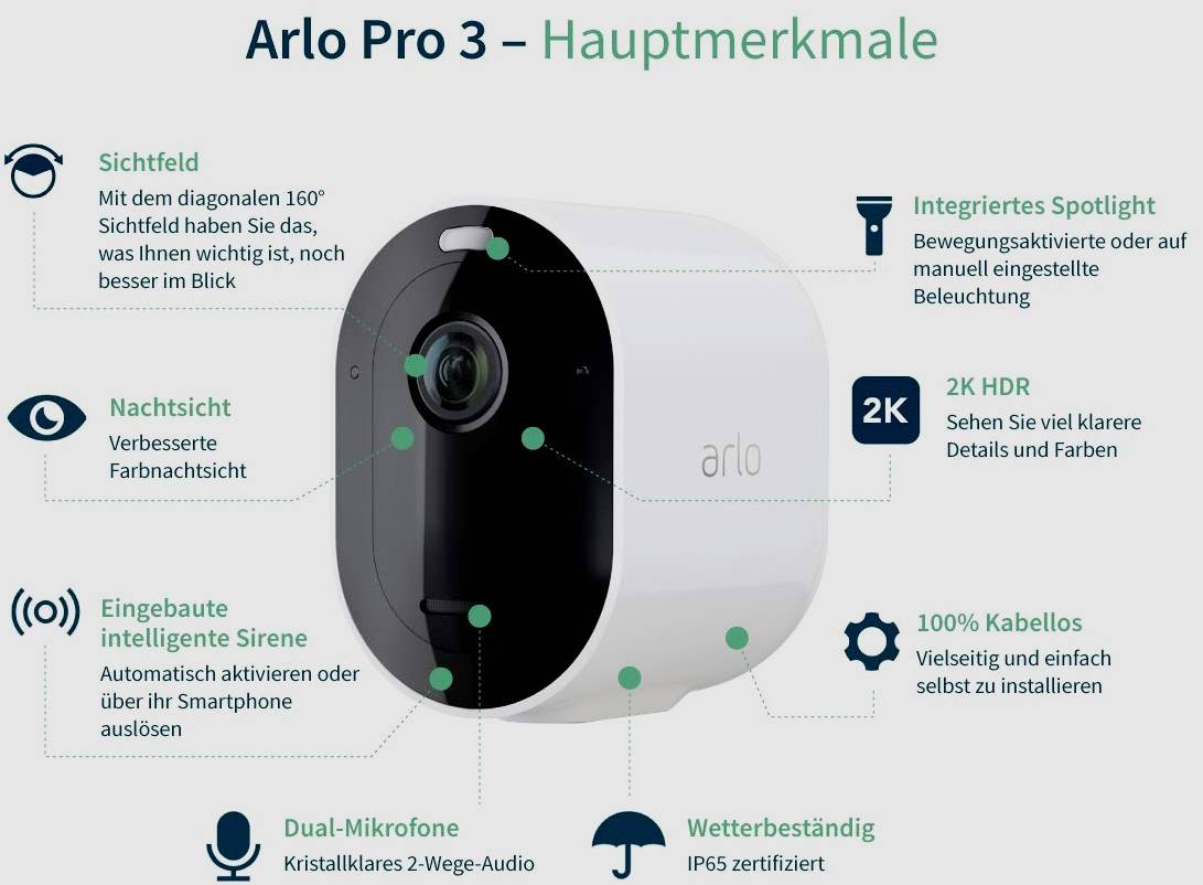 ARLO Pro 3 VMC4040P VMC4040P-100EUS WLAN IP-Zusatzkamera 2560 x 1440 Pixel