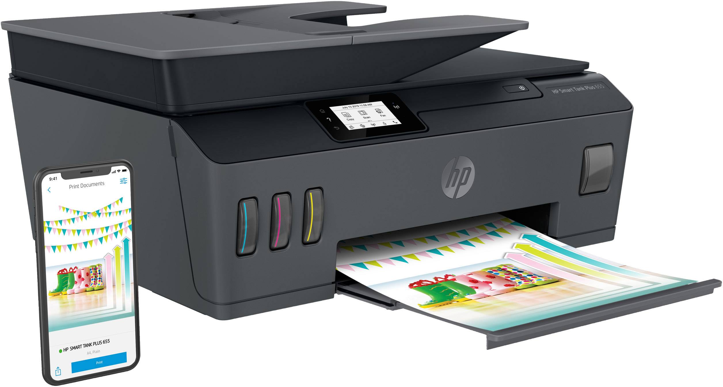 HP Smart Tank Plus 655 Multifunktionsdrucker Tintenstrahl Farbe A4 Drucker, Scanner, Kopierer, Fax ADF, Bluetooth®, Tintentank-System, USB, WLAN