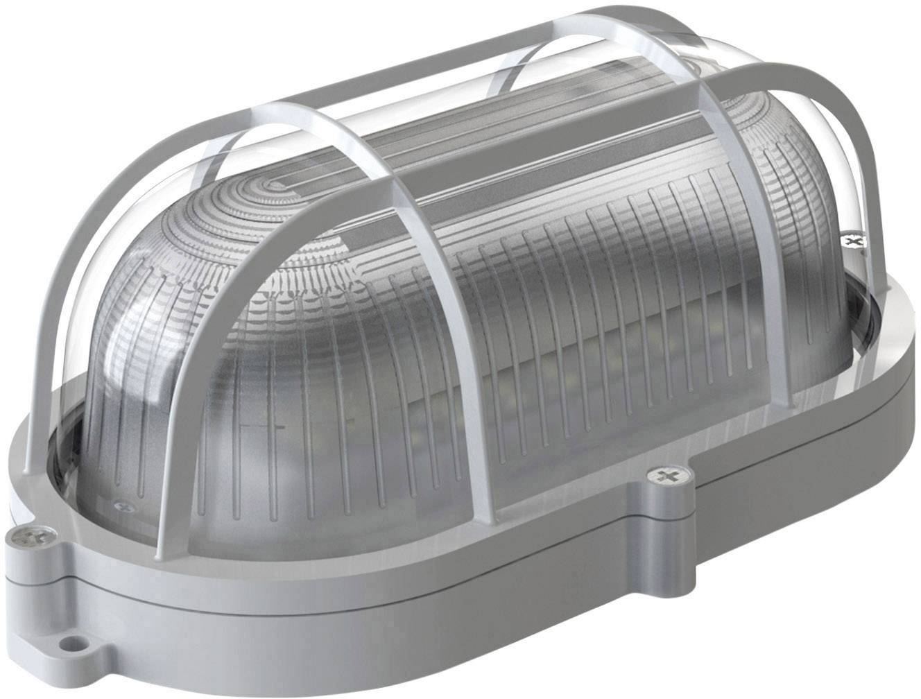 Metallabdeckung mit transparentem, geripptem Kunststoffgehäuse schützt eine ovale Leuchte, geeignet für industrielle oder Außenbereiche.