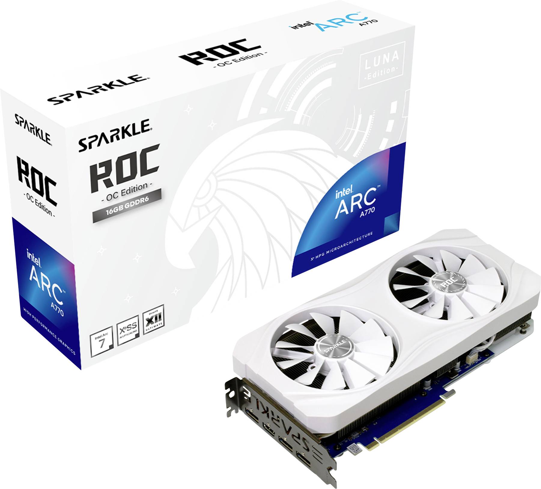 Grafikkarte Sparkle ROC Intel Arc A770 OC Edition mit 16GB GDDR6 und zwei Lüftern, neben Einzelhandelsverpackung abgebildet.