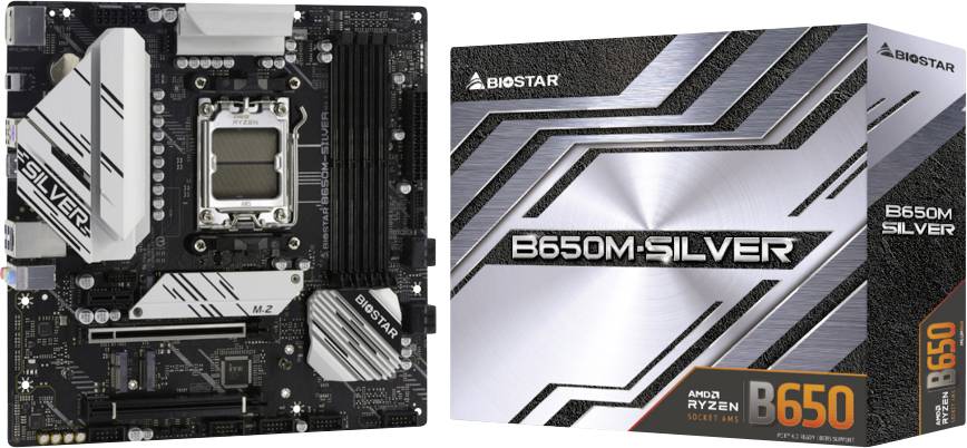 BioStar B650M-Silver (AM5) Mainboard Sockel (PC) AMD® AM5 Formfaktor (Details) Micro-ATX Mainboard-Chipsatz AMD® B650