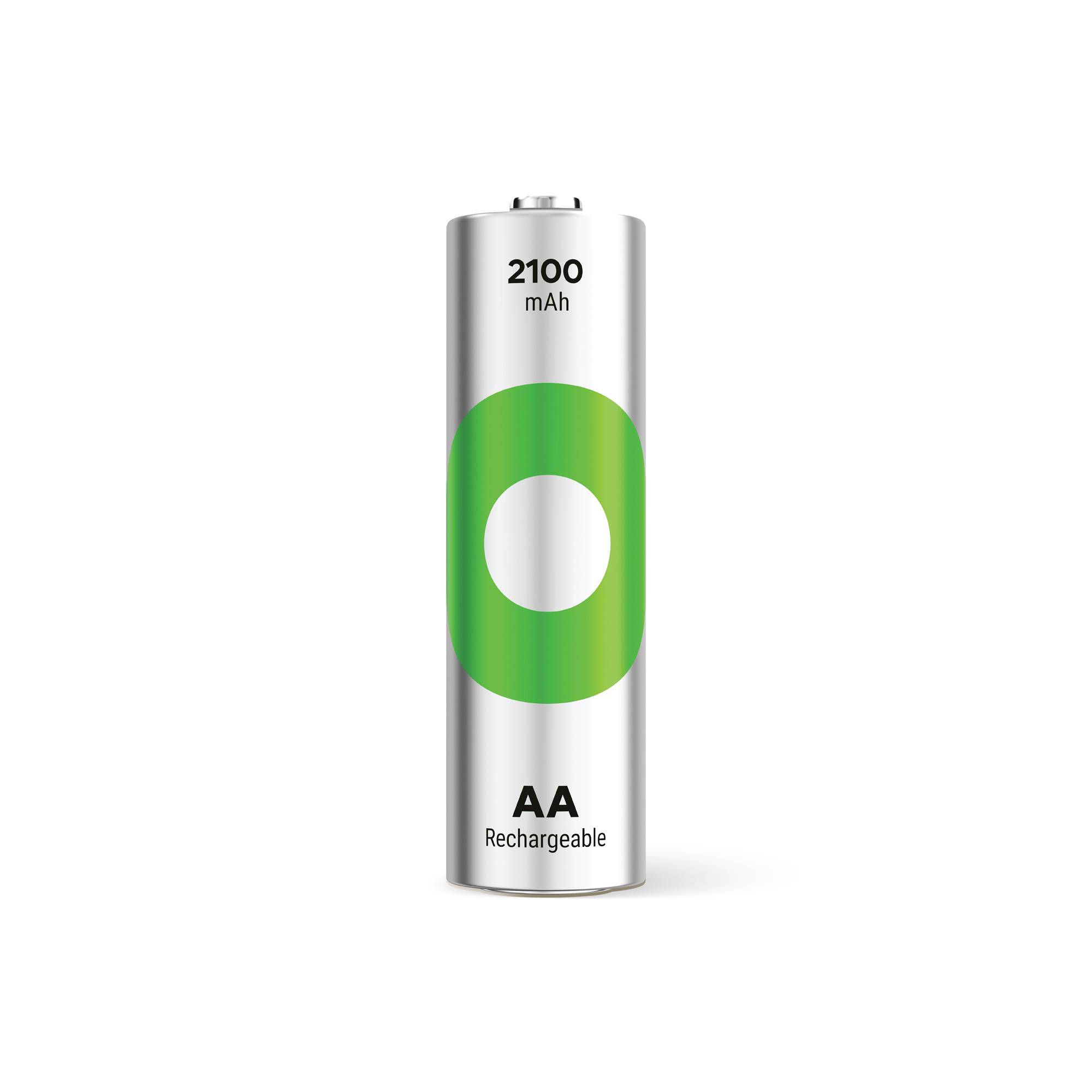 Eine silberne wiederaufladbare AA-Batterie mit grüner Markierung und der Aufschrift '2100 mAh' und 'Rechargeable'.