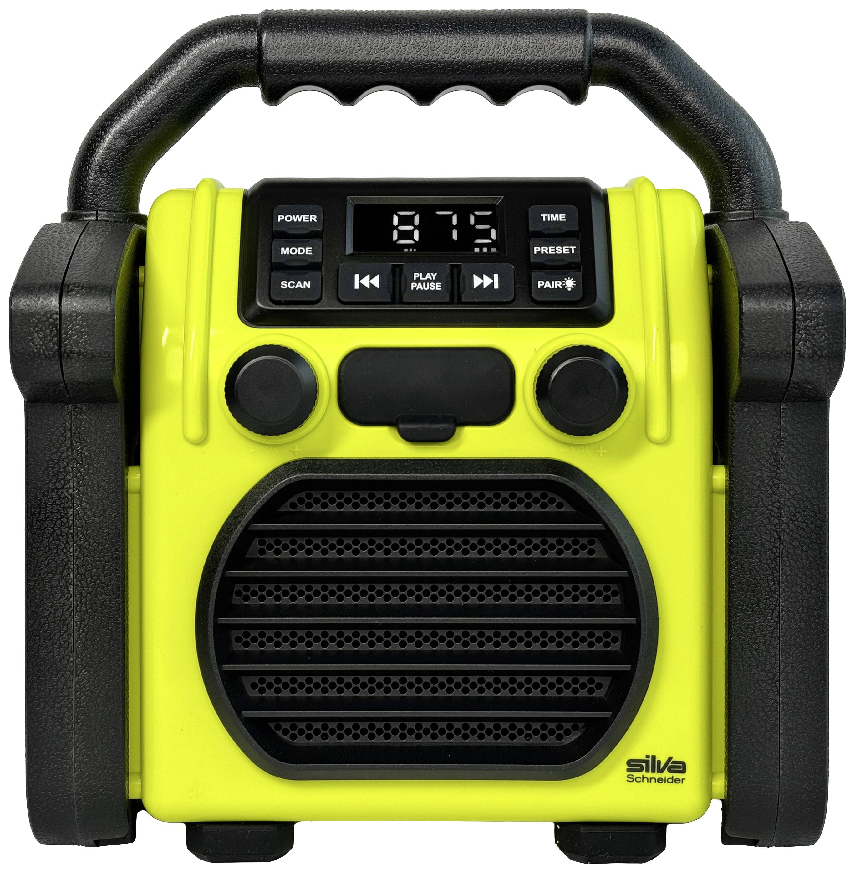 Silva Schneider BR 230 BT neon-gelb Baustellenradio FM USB, Bluetooth® Weckfunktion, Akku-Ladefunktion, wiederaufladbar