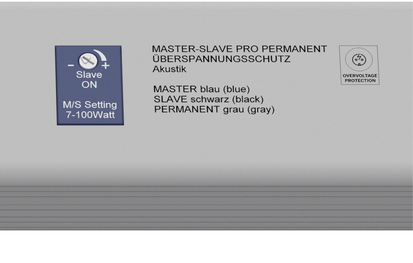 Ein Gerät mit Beschriftung: 'MASTER-SLAVE PRO PERMANENT ÜBERSPANNUNGSSCHUTZ', Farbcodierung für Master (blau), Slave (schwarz), Permanent (grau).