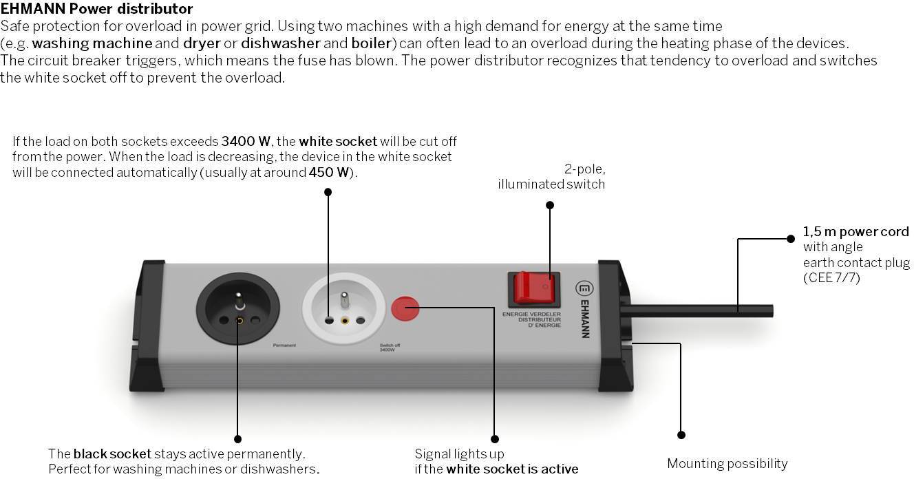 Ehmann 0218x02022301b Steckdosen-Verteiler Grau, Schwarz Schutzkontakt 1St.