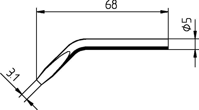 Technische Zeichnung eines Metallrohrs mit einem 68 mm langen Abschnitt und einem 5 mm Durchmesser. Rohr ist im 3,1 mm Winkel gebogen.