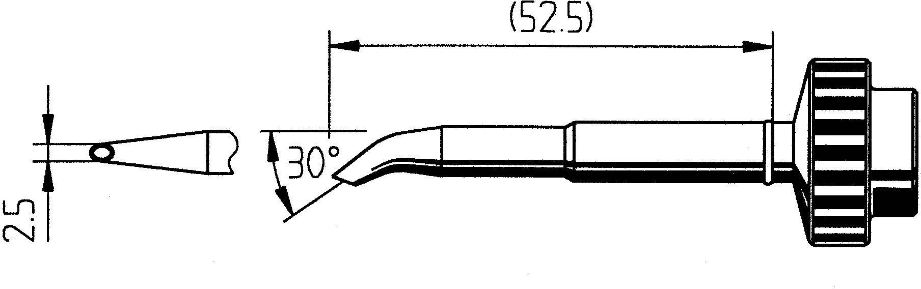 Zeichnung eines Werkzeugs mit 90-Grad-Winkel und Abmessungen; Länge 52,5 mm, Spitze geneigt bei 30 Grad, Höhe 2,5 mm.