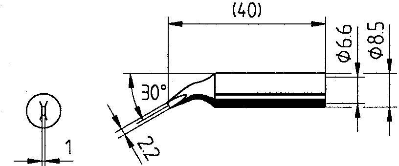 Die Abbildung zeigt eine technische Zeichnung eines Werkzeugs mit Abmessungen, Winkel von 30 Grad, und Durchmesserangaben von 6,6 mm und 8,5 mm.