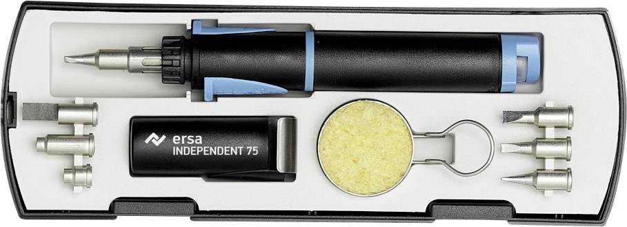 Lötkolben-Set mit fünf verschiedenen Spitzen, Schwamm und Gaszylinder. Verpackt in einem rechteckigen Etui.