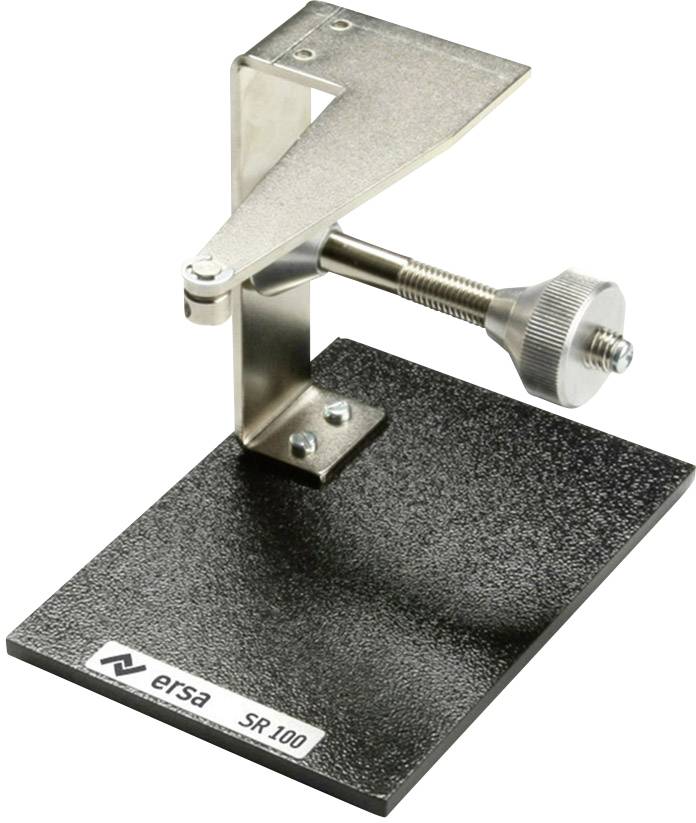 Löthilfe mit Metallklammer und Schraube auf einer stabilen Basis, gekennzeichnet mit 'ersa SR 100', ermöglicht präzise Lötarbeiten.