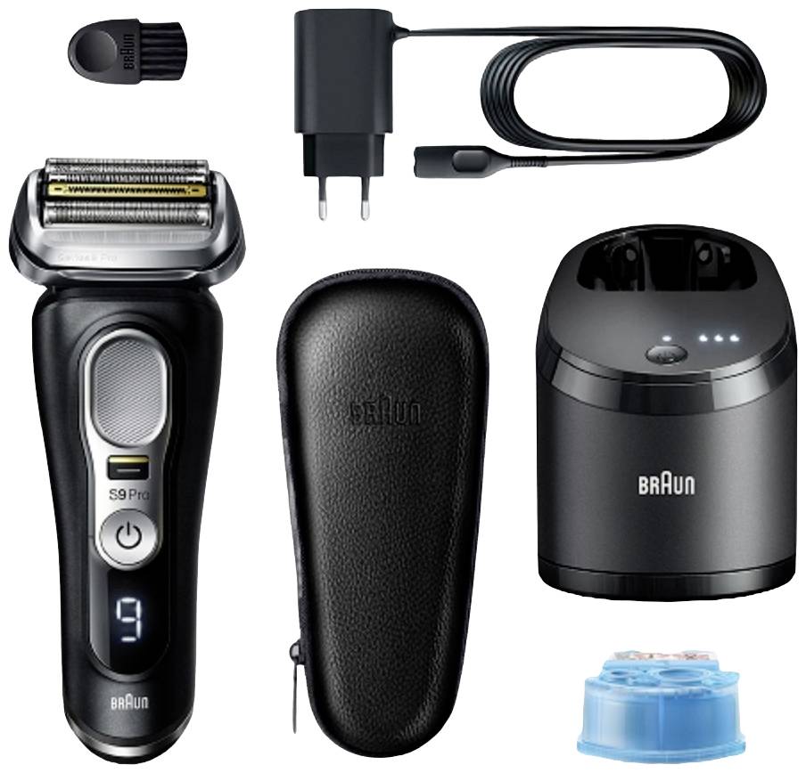Elektrorasierer-Set mit Rasierer, Reinigungsgerät, Ladegerät und Etui von Braun. Komplettset für komfortable Pflege.