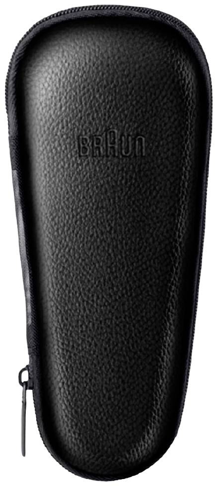 Schwarzes, strukturiertes Etui mit Reißverschluss, geprägt mit dem Markennamen. Geeignet zur Aufbewahrung von kleinen Geräten.