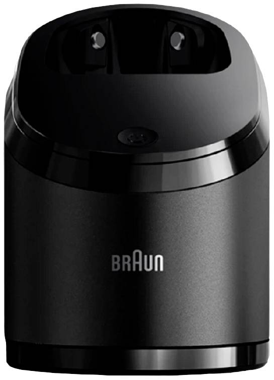 Schwarze elektrische Ladestation von Braun, kompakt und zylindrisch, mit zwei Öffnungen und Markenlogo sichtbar.