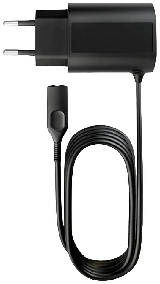 Ein schwarzes Ladegerät mit Steckdosenanschluss und langem Kabel, geeignet für elektronische Geräte.