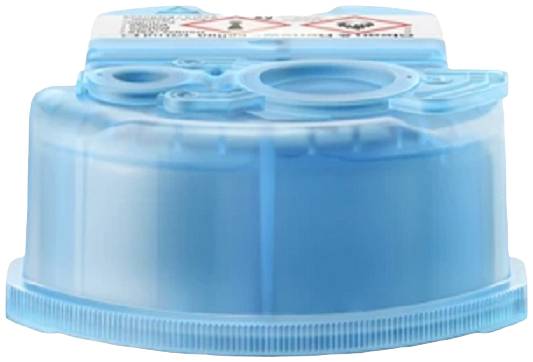 Ein blauer Plastikdeckel mit Sicherheitsaufkleber und Symbolen. Solche Deckel werden typischerweise für Reinigungsprodukte verwendet.