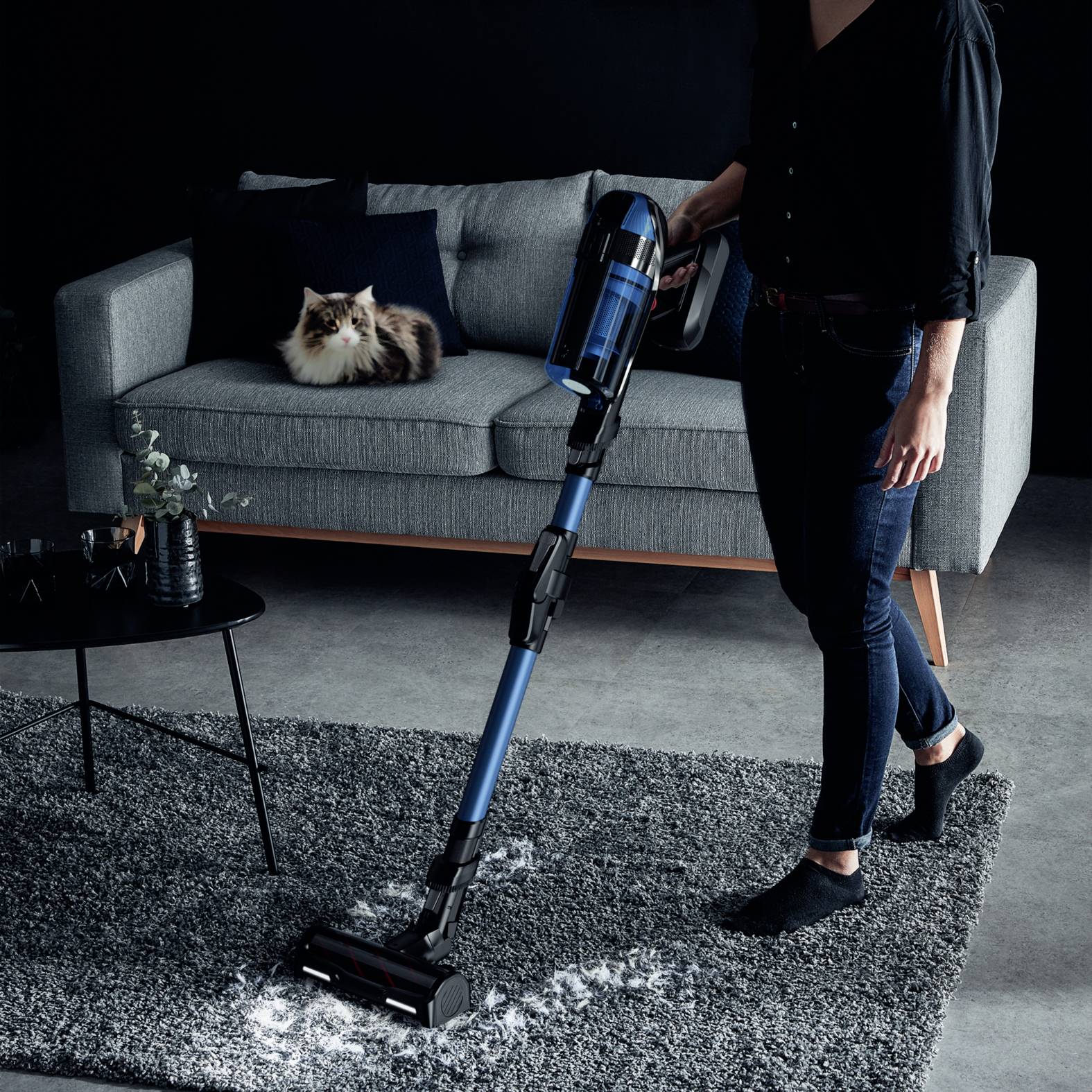 Eine Person saugt mit einem kabellosen Staubsauger einen Teppich. Eine Katze sitzt auf einem grauen Sofa im Hintergrund.