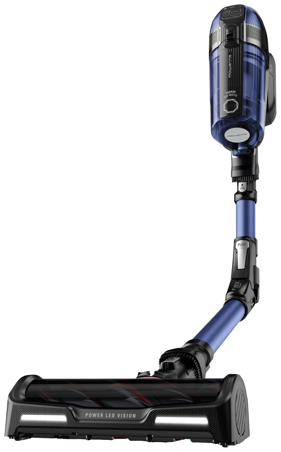 Kabelloser Staubsauger in Blau mit flexibler Düse und 'Power LED Vision'.