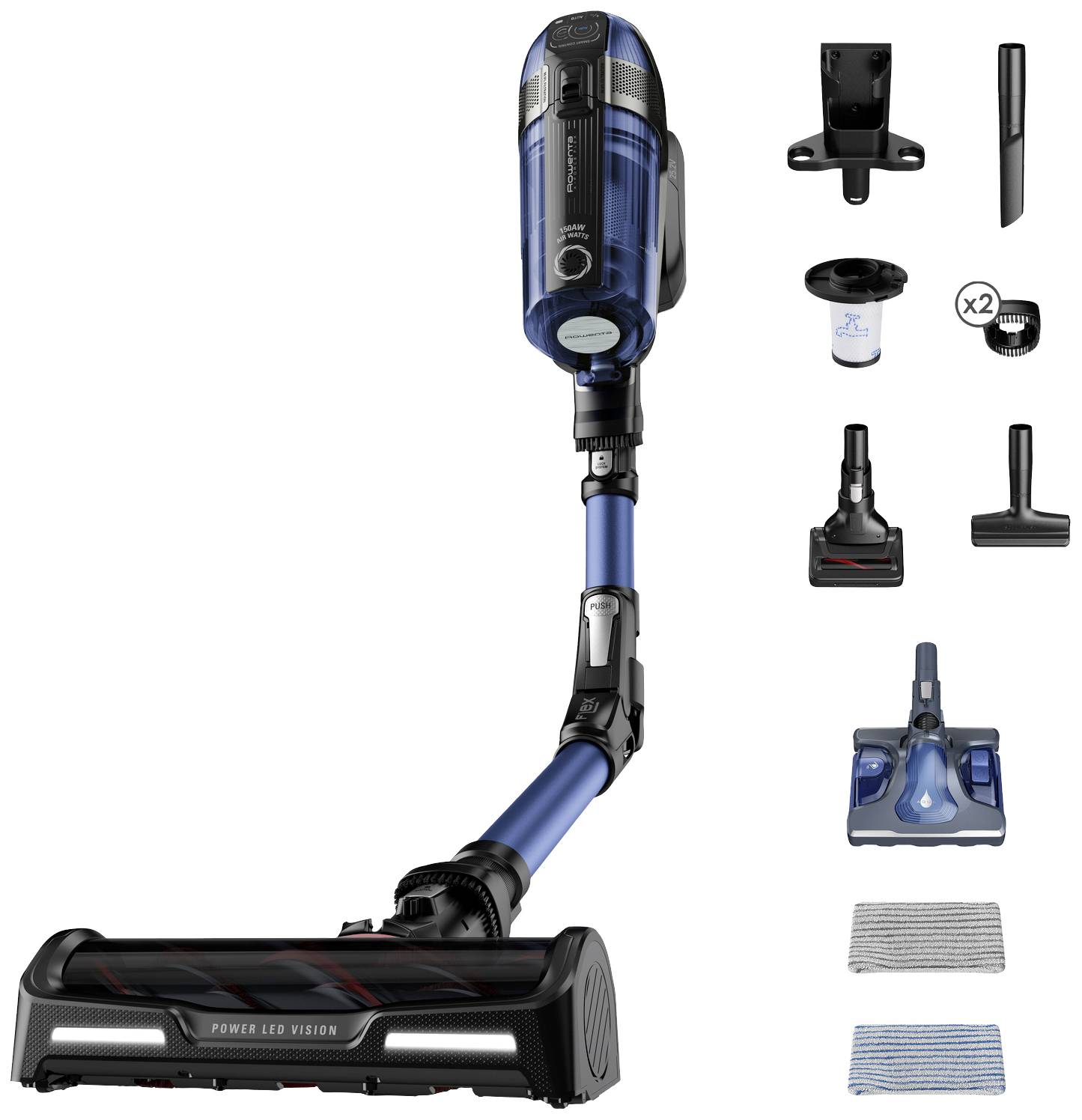 Kabelloser Staubsauger mit blauem Gehäuse und Zubehör: verschiedene Düsen, Bürsten, Filter und Reinigungstücher. Ideal für vielseitige Reinigungsanforderungen.