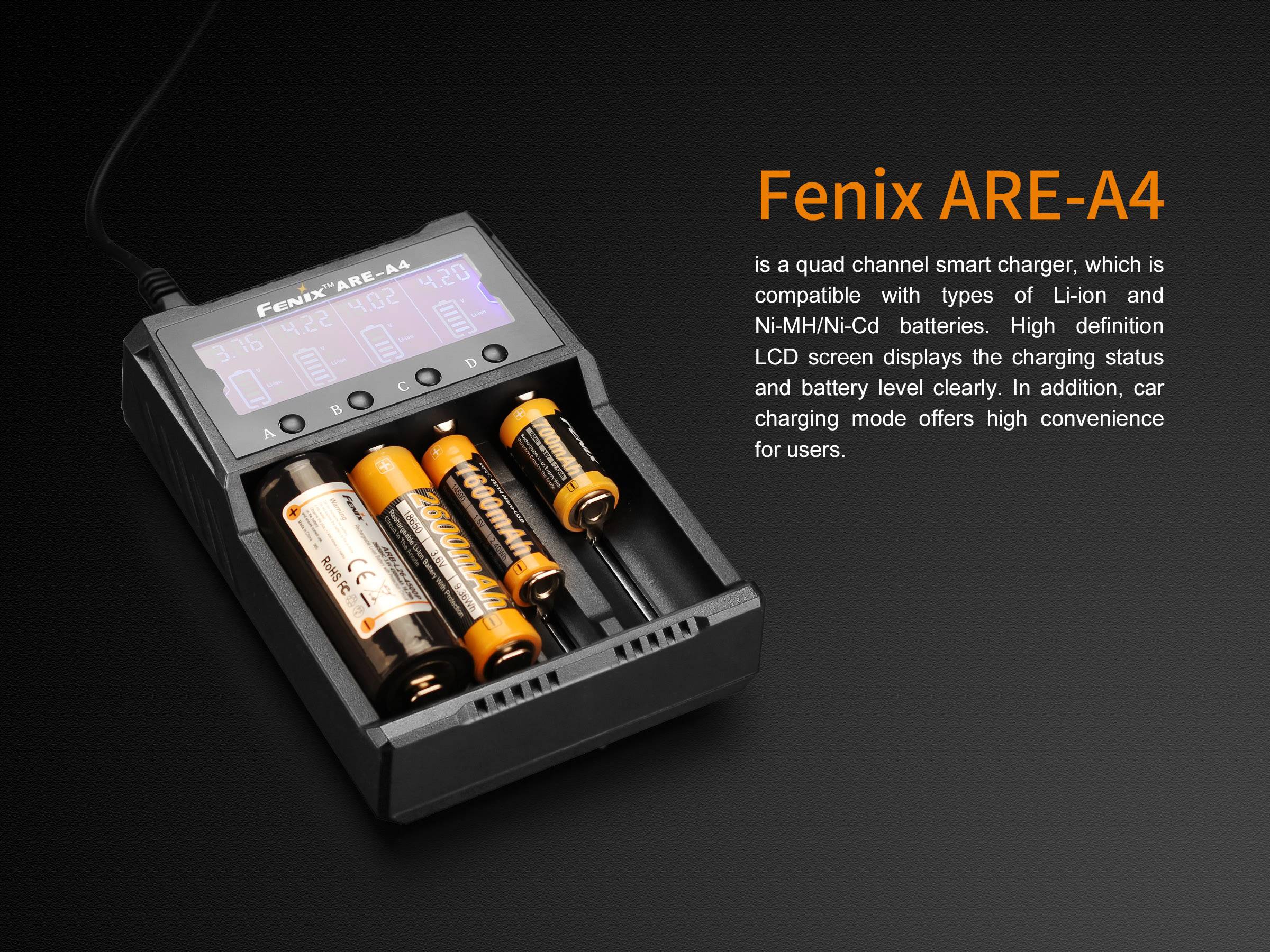 Fenix Light ARE-A4 Rundzellen-Ladegerät NiCd, NiMH, LiIon 10340, 10350, 10440, 10500, 12500, 12650, 13500, 13650, 14500, 14650, 16340, 16650, 17335