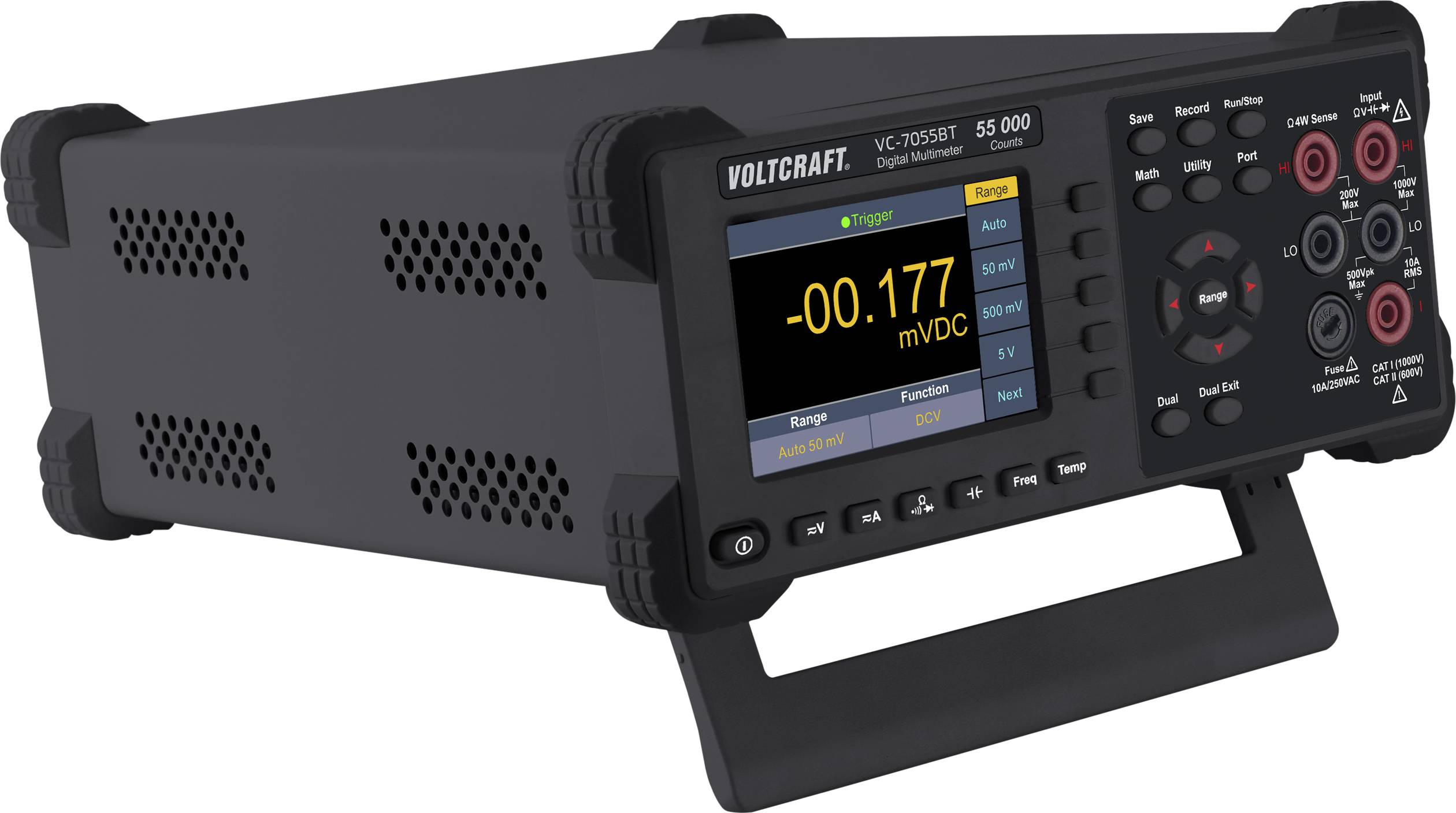 Ein digitales Tischmultimeter mit LCD-Anzeige zeigt -0,177 mVDC. Das Gerät hat mehrere Funktionstasten und Anschlüsse für elektrische Messungen.