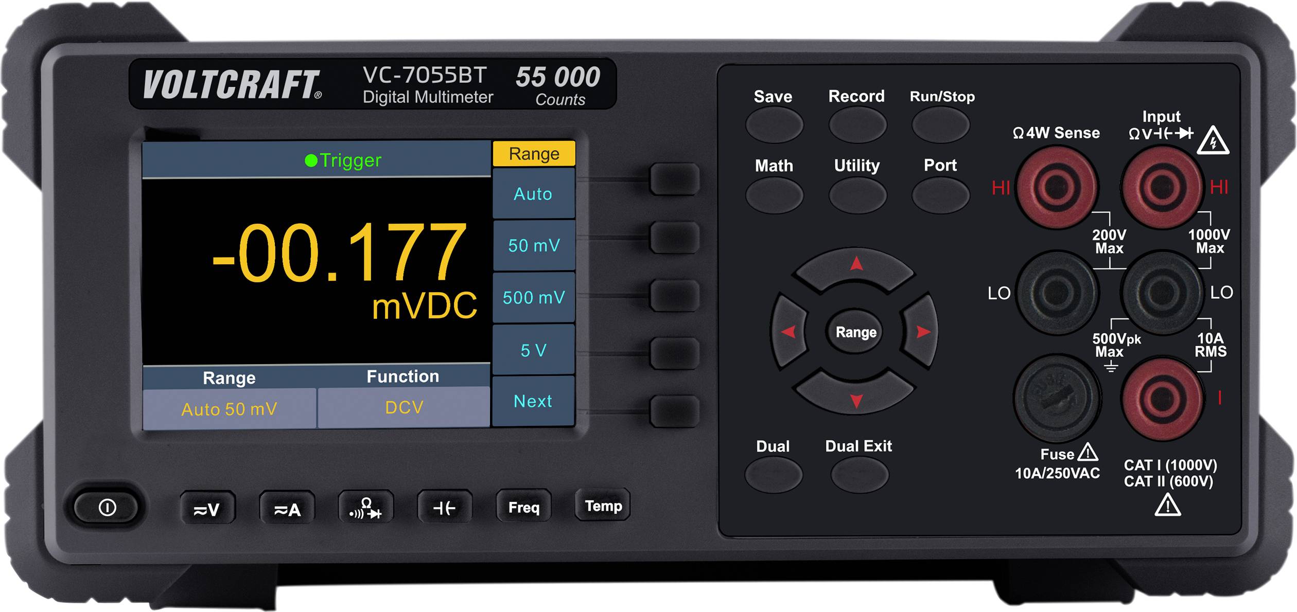 'Voltcraft VC-7055BT Digital Multimeter' mit Displayanzeige von '-0.177 mVDC', mehreren Tasten und Anschlüssen.