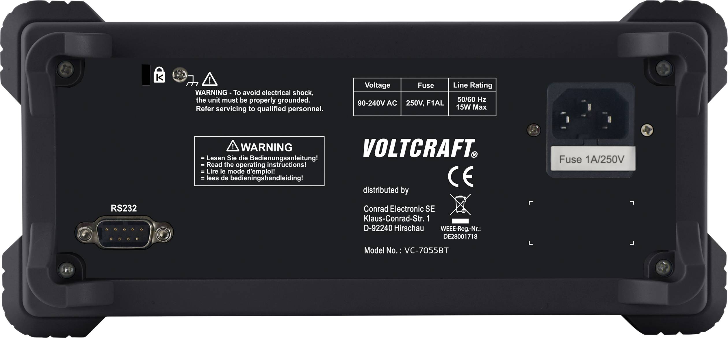 Die Rückseite eines elektronischen Geräts mit Anschlussoptionen, Warnhinweisen und technischen Spezifikationen von Voltcraft.