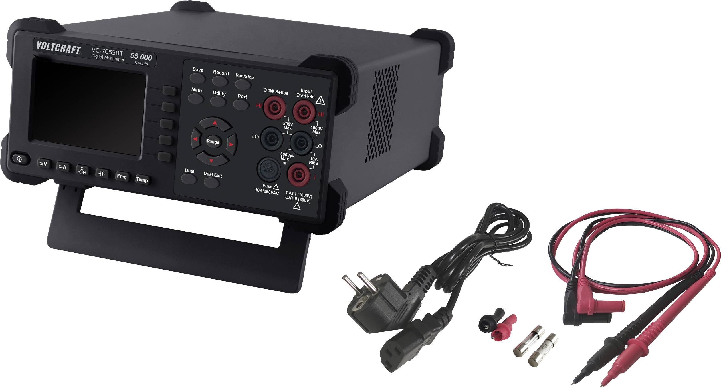 Elektronisches Tisch-Multimeter mit digitaler Anzeige, schwarzen Gehäuse, und Zubehör wie Kabel und Messspitzen für Messungen.