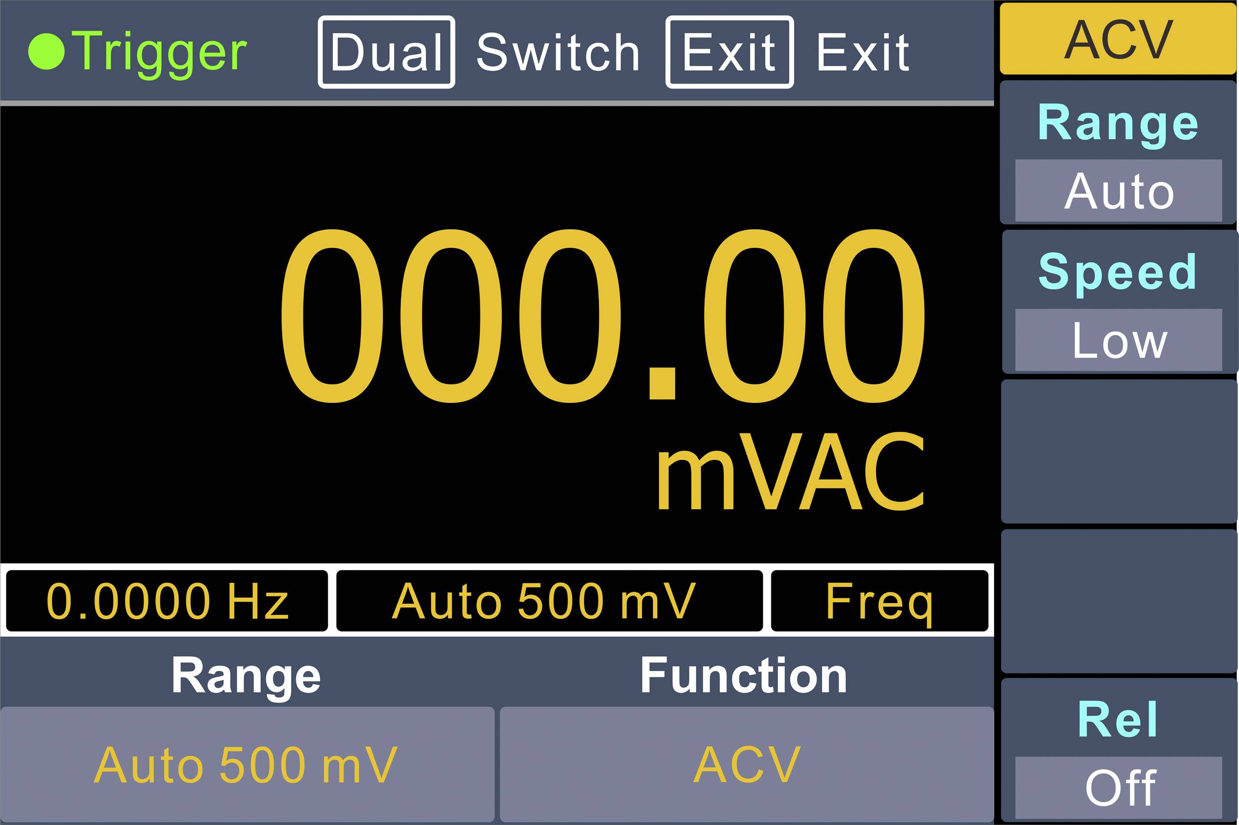Bild zeigt ein Multimeter-Display. Messbereich auf Wechselspannung (ACV) eingestellt bei 000.00 mVAC. Funktionen: Auto 500 mV, Rel Off.