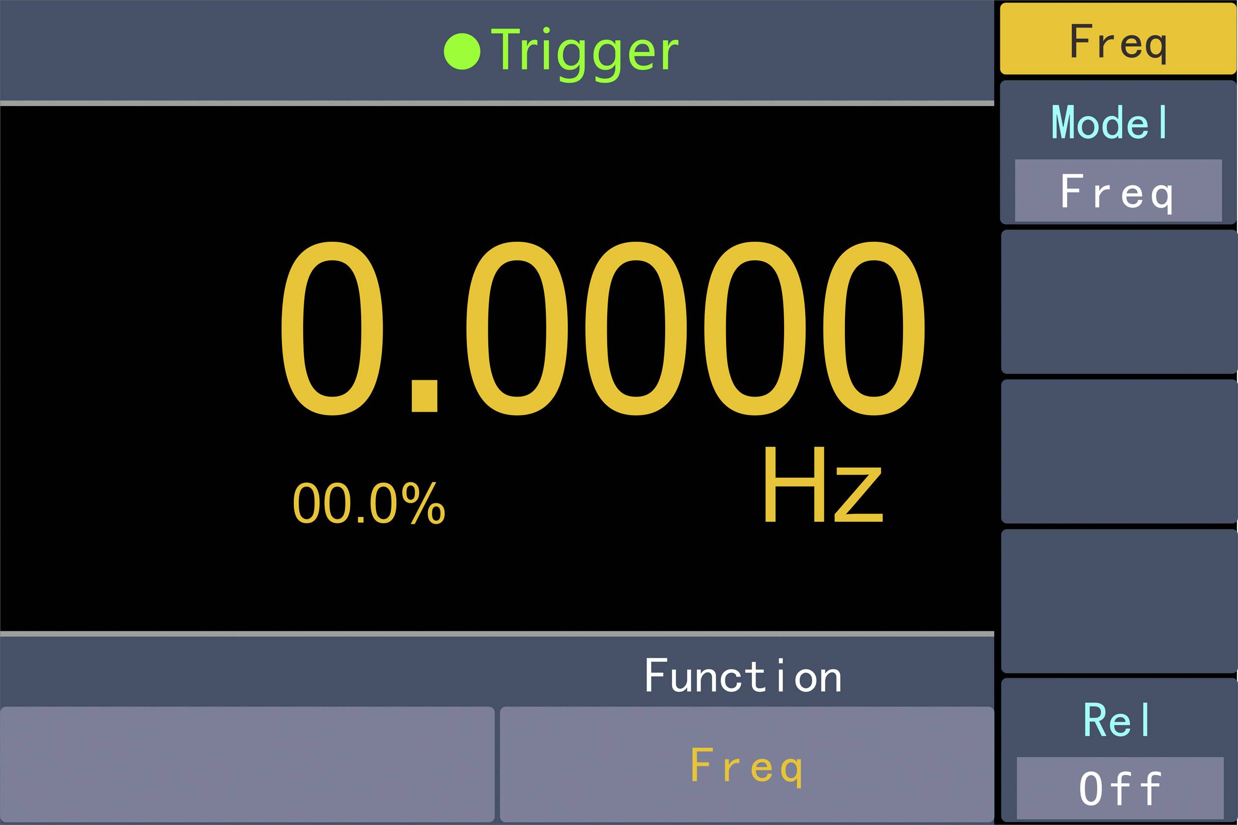 Bild eines Messgeräts mit Anzeige '0.0000 Hz' und '0.0%'. Oben steht 'Trigger' in Grün, rechts sind die Optionen 'Freq', 'Model', und 'Rel Off'.