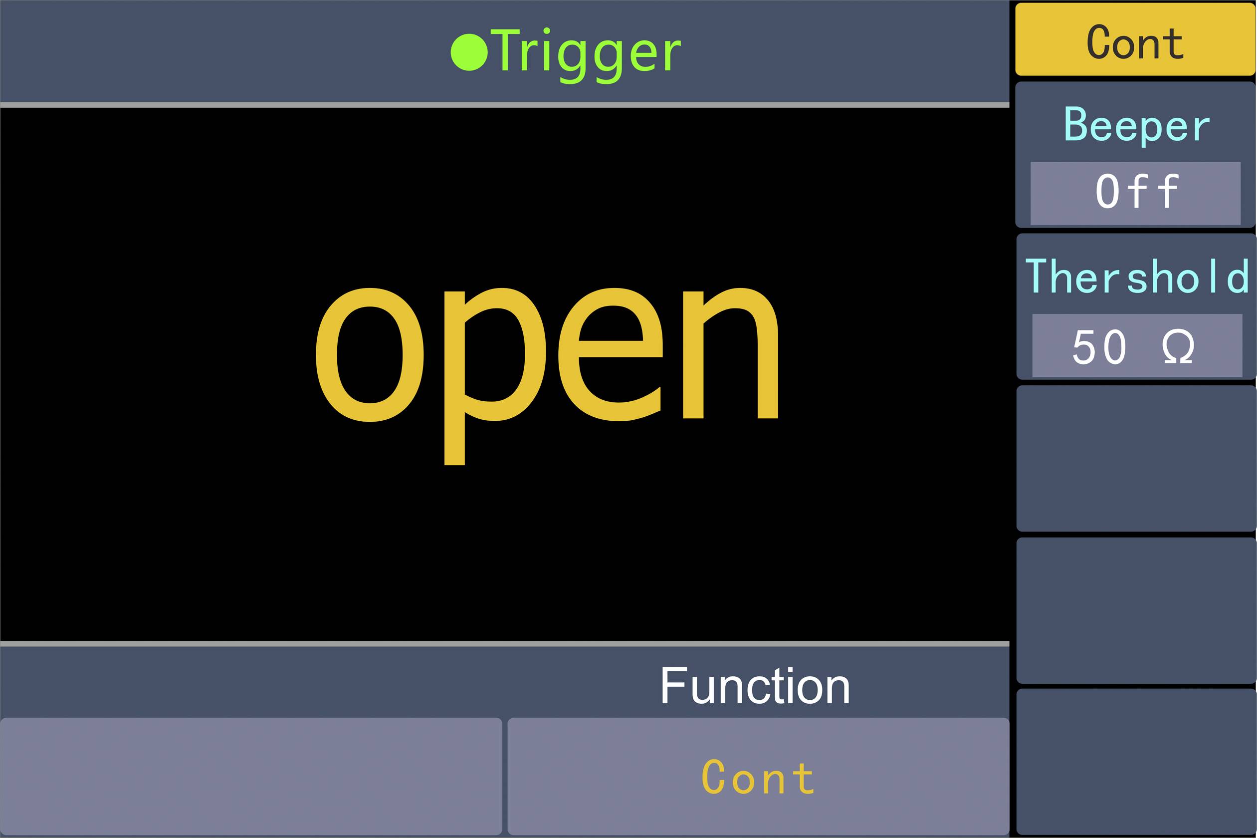 'open' in gelber Schrift auf einem Bildschirm angezeigt, mit Optionen 'Trigger', 'Beeper Off', 'Threshold 50 Ω' und 'Function Cont'.