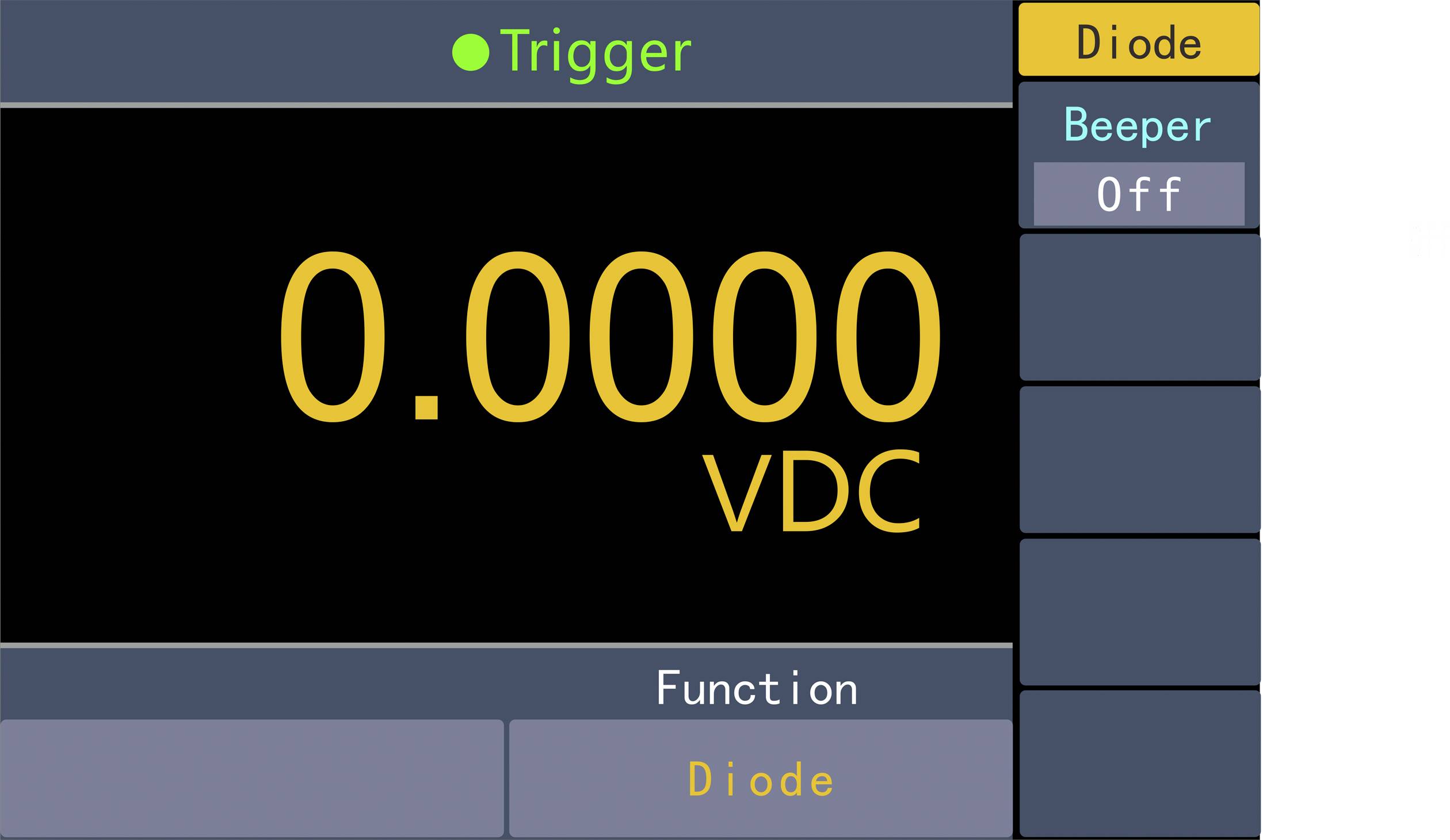 'Trigger' und 'Diode' sind ausgewählt. Display zeigt '0.0000 VDC'. 'Beeper' ist auf 'Off'. Funktionsanzeige: 'Diode'.