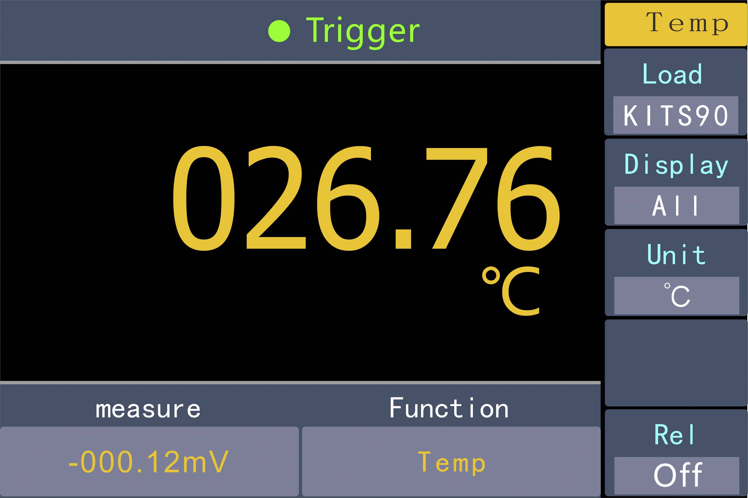 Bild eines Messgeräts mit Temperaturanzeige von 26,76 Grad Celsius. Verschiedene Menüs am Rand, einschließlich Funktion und Einheit.