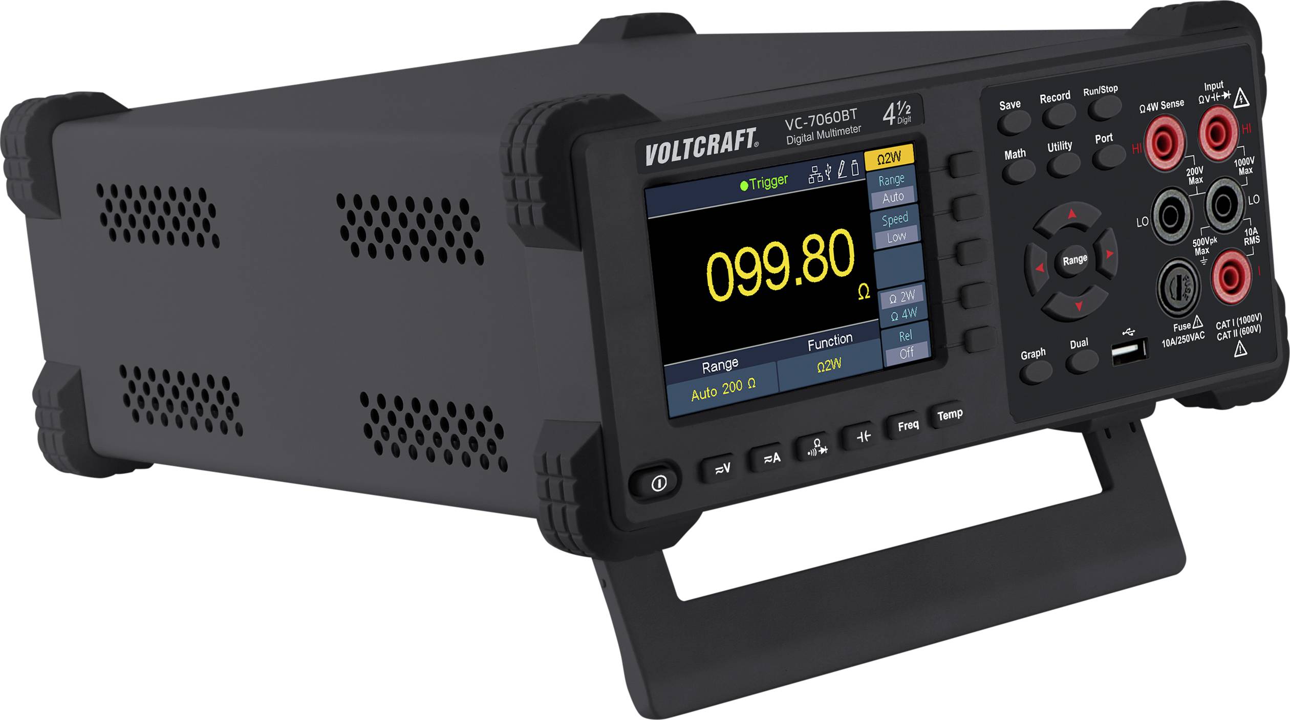 Digitales Multimeter in Schwarz mit farbigem Display; zeigt 'Trigger ON' und Messwert '099,80' an. Verschiedene Einstellknöpfe und Buchsen sichtbar.