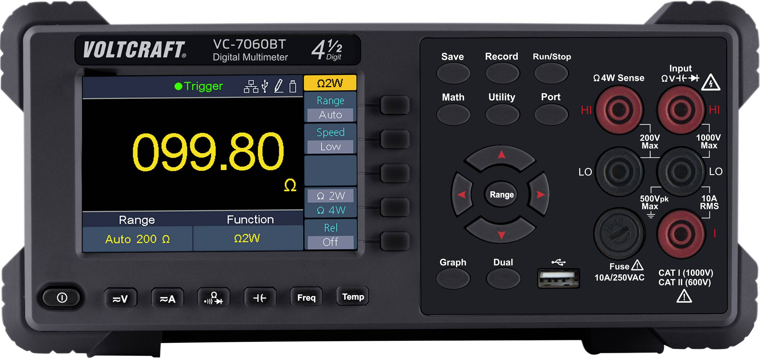 'Voltcraft VC-7060BT Digital Multimeter' mit Bildschirm, Tasten und Eingangsanschlüssen. Display zeigt Messwert '099.80'.