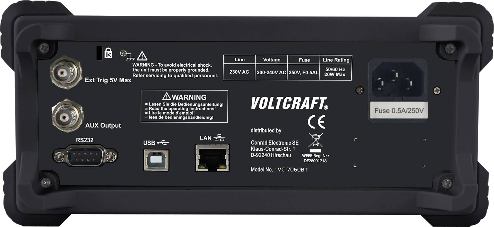 Voltcraft Gerät mit Netzanschluss, RS232, USB, LAN. Warnhinweise: Max. Spannung beachten, Sicherung vorhanden.