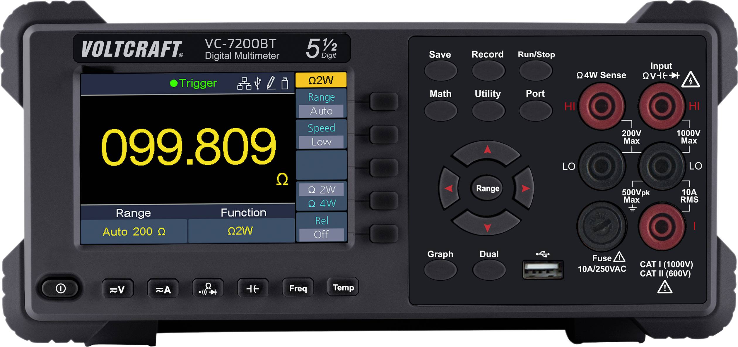Digitalmultimeter mit großem Display zeigt den Wert '099.809'. Rechts befinden sich Bedienelemente und Anschlüsse.