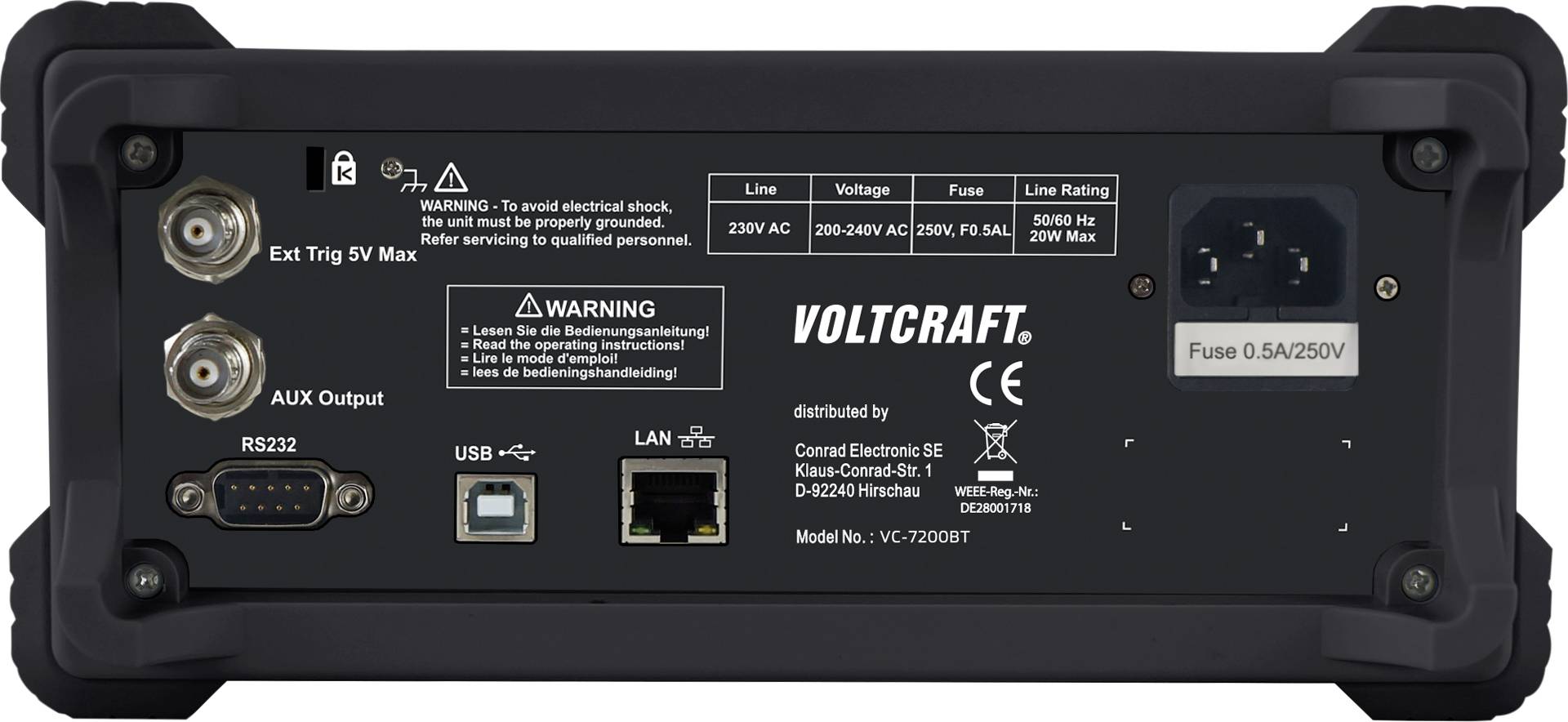 Die Rückseite eines Voltcraft-Geräts. Zeigt Anschlüsse für RS232, USB, LAN, Ext Trig 5V, AUX, sowie Stromverbindung und Sicherung. Oben Warnhinweise.