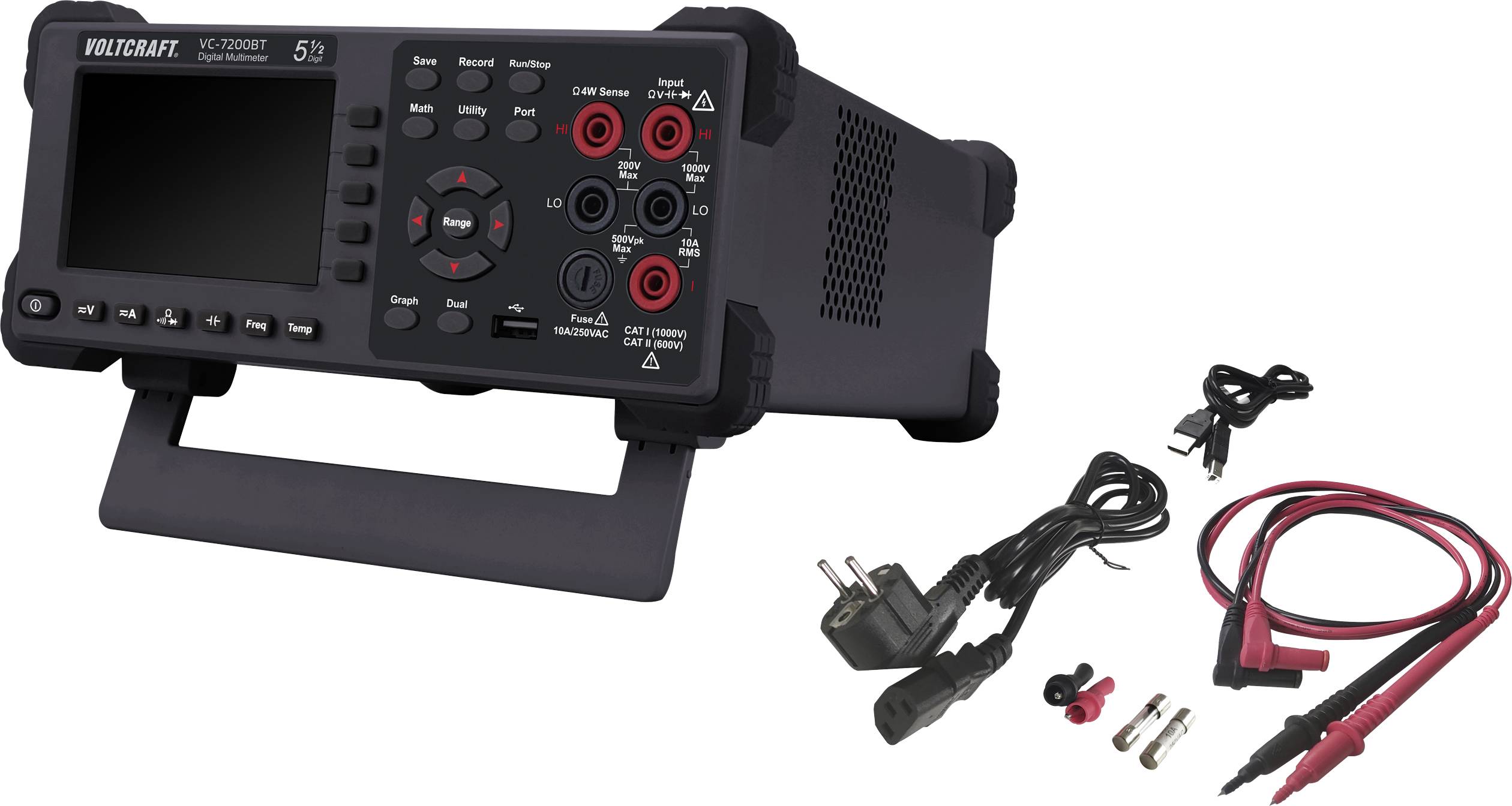 Ein Oszilloskop mit Zubehör, einschließlich Netzkabel, Messleitungen und Adapter, zur Messung von elektronischen Signalen.