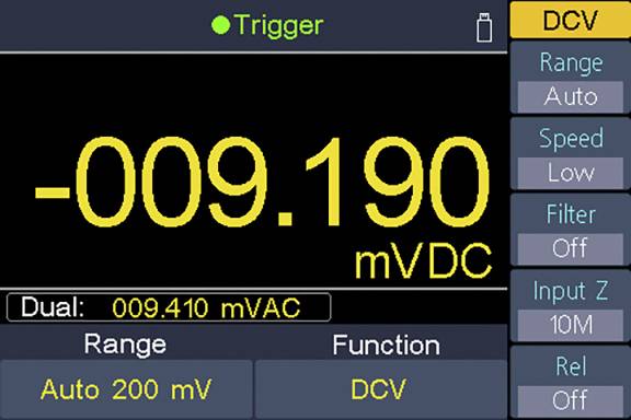 Digitalanzeige eines Messgeräts zeigt '-009.190 mVDC'. Oben steht 'Trigger'. Seitlich sind Optionen wie 'Range', 'Speed' und 'Filter'.