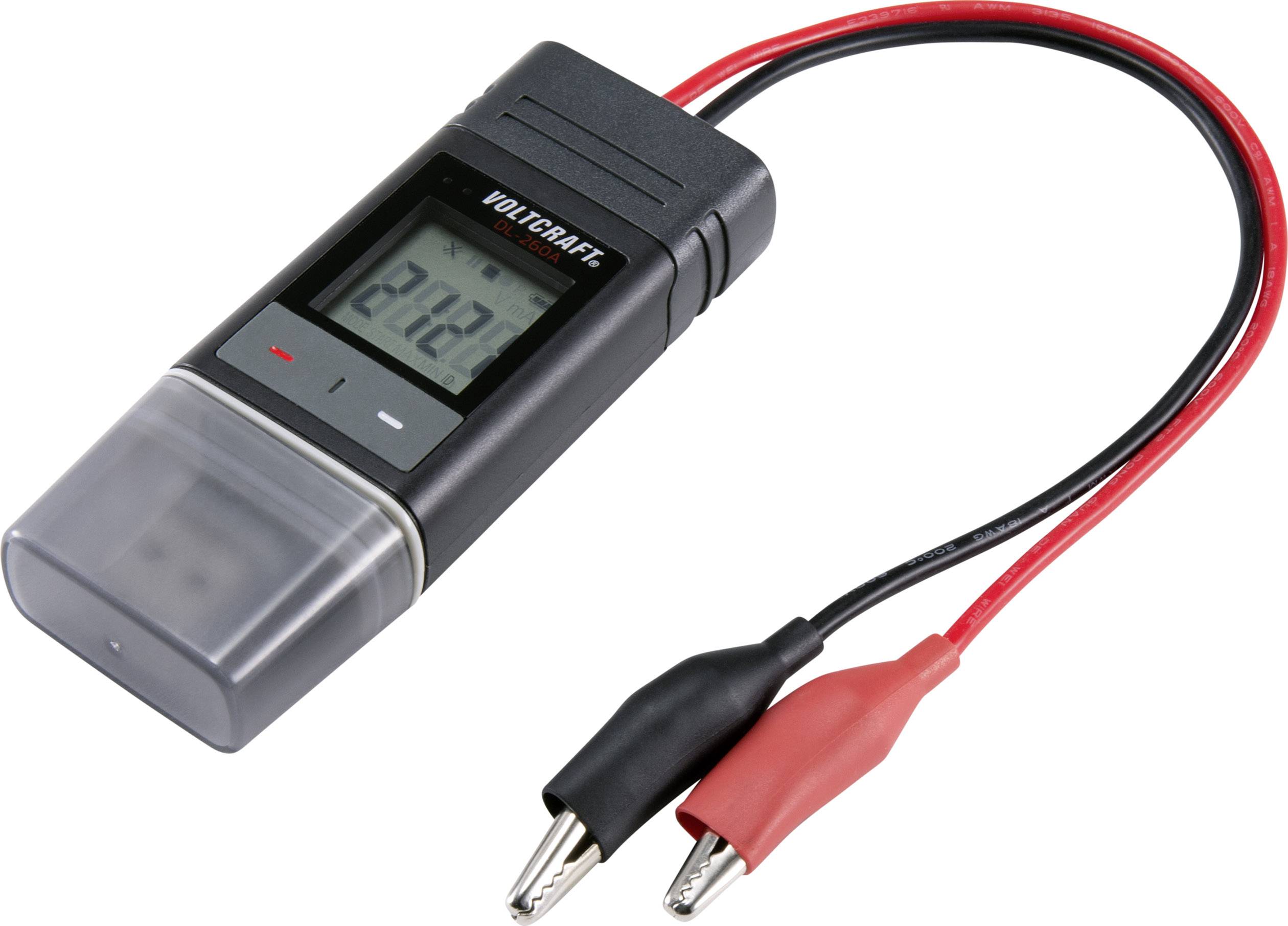 Ein digitales Voltmeter zeigt '22.02 V' an. Es hat zwei Kabel mit Krokodilklemmen, eine rote und eine schwarze.