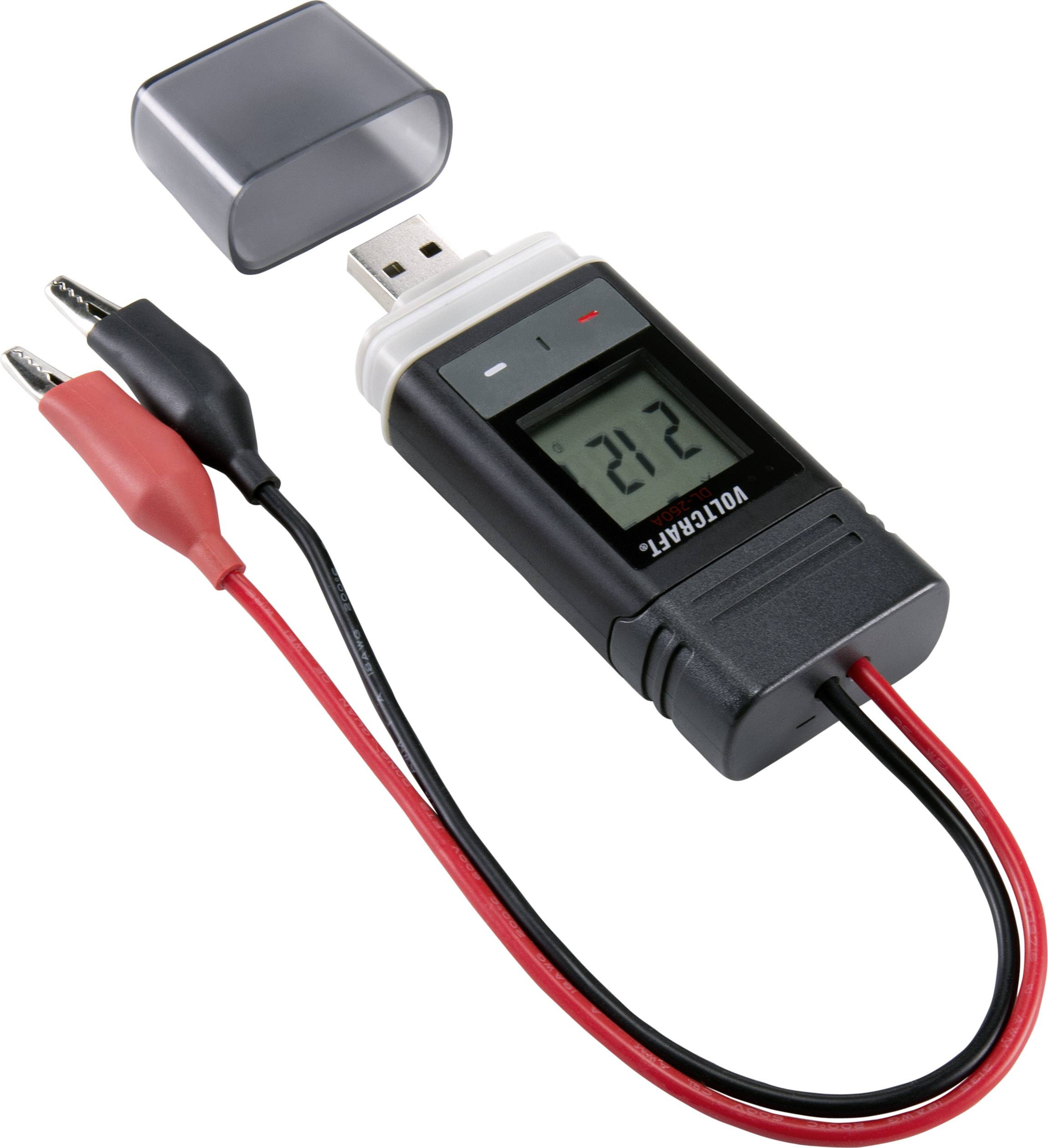 Datenlogger mit USB-Stecker und LC-Display zeigt '21.2'. Zwei Kabel sind angebracht. Geeignet zur Temperaturüberwachung.